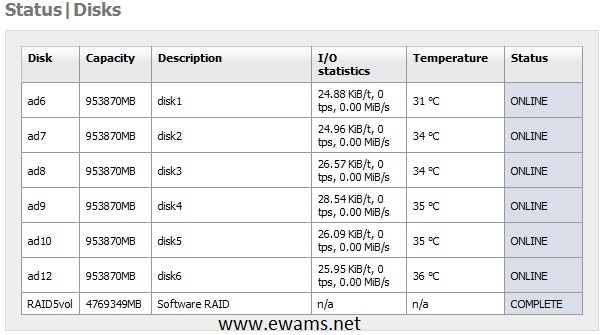 Disk status summary showing size and temperature.